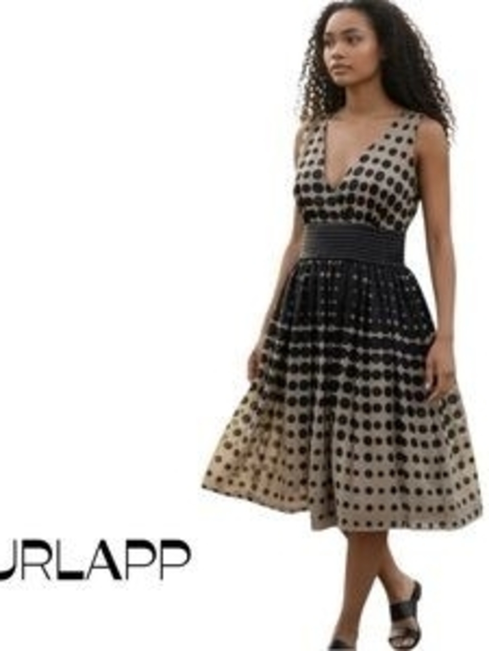 Sleeveless Polka Dot V-Neck Midi Dress - Black and Beige